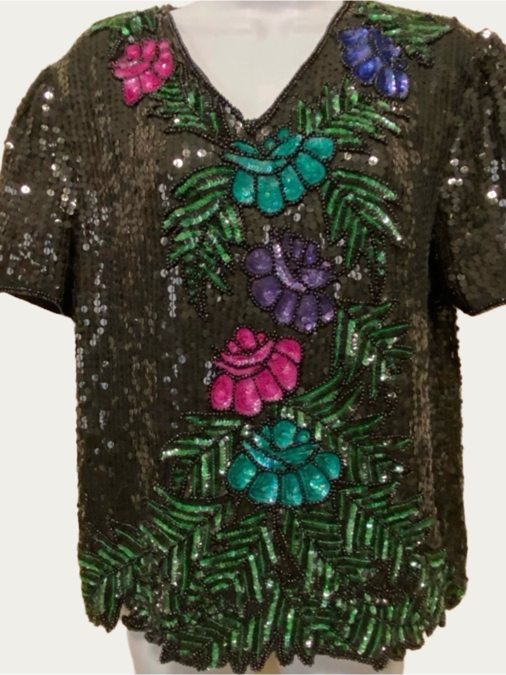 Bold Sequin Beaded Floral Detail Formal Top Small Petite Vintage Ste’nay